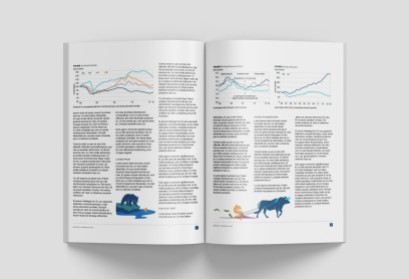 Interior: Financial report with graphs and spot illustrations
